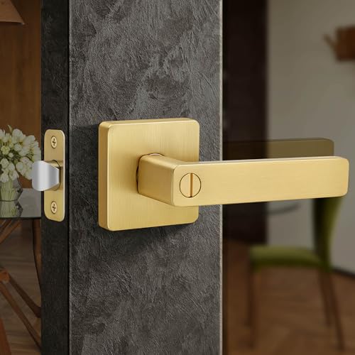 Moquin Brushed Gold Heavy Duty Privacy Door Lever with Lock, Square Gold Keyless Interior Door Lever, Satin Brass Finish Handle for Bathroom/Bedroom Door Lock - Image 1