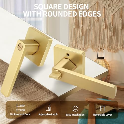 Moquin Brushed Gold Heavy Duty Privacy Door Lever with Lock, Square Gold Keyless Interior Door Lever, Satin Brass Finish Handle for Bathroom/Bedroom Door Lock - Image 2