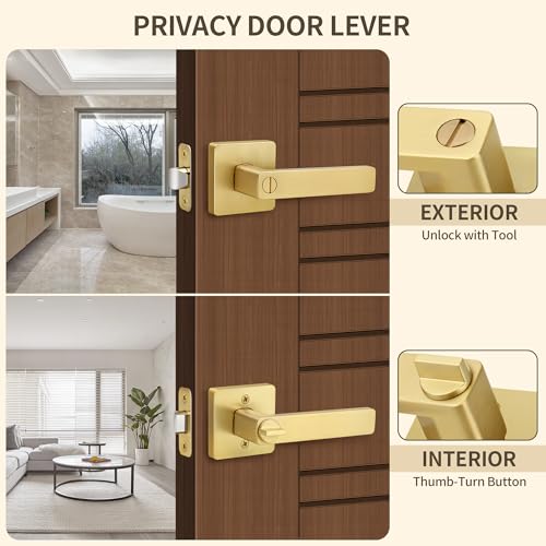 Moquin Brushed Gold Heavy Duty Privacy Door Lever with Lock, Square Gold Keyless Interior Door Lever, Satin Brass Finish Handle for Bathroom/Bedroom Door Lock - Image 4