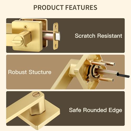 Moquin Brushed Gold Heavy Duty Privacy Door Lever with Lock, Square Gold Keyless Interior Door Lever, Satin Brass Finish Handle for Bathroom/Bedroom Door Lock - Image 3