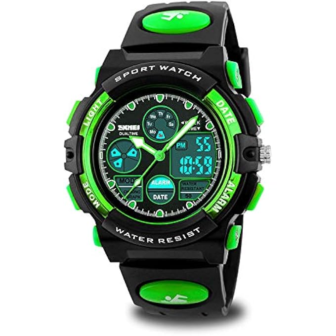 rayihni ساعة رقمية للأطفال - للأولاد والبنات ساعة رياضية إلكترونية مقاومة للماء للسماعات الخارجية مع مؤقت منبه ضوء LED منطقتين زمنيتين، أخضر، حزام - Image 1