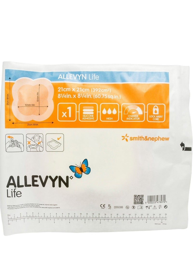 سميث اند نفيو ضماد ALLEVYN Life الطبي المتطور من Smith & Nephew كود (#66801070) بمقاس 21×21 سم، يتميز بطبقة سيليكون لاصقة ولطيفة، وتقنية قفل الإفرازات (Lock Away Core) مع مؤشر ذكي لتغيير الضماد لضمان أقصى حماية للجروح المزمنة. - Image 4