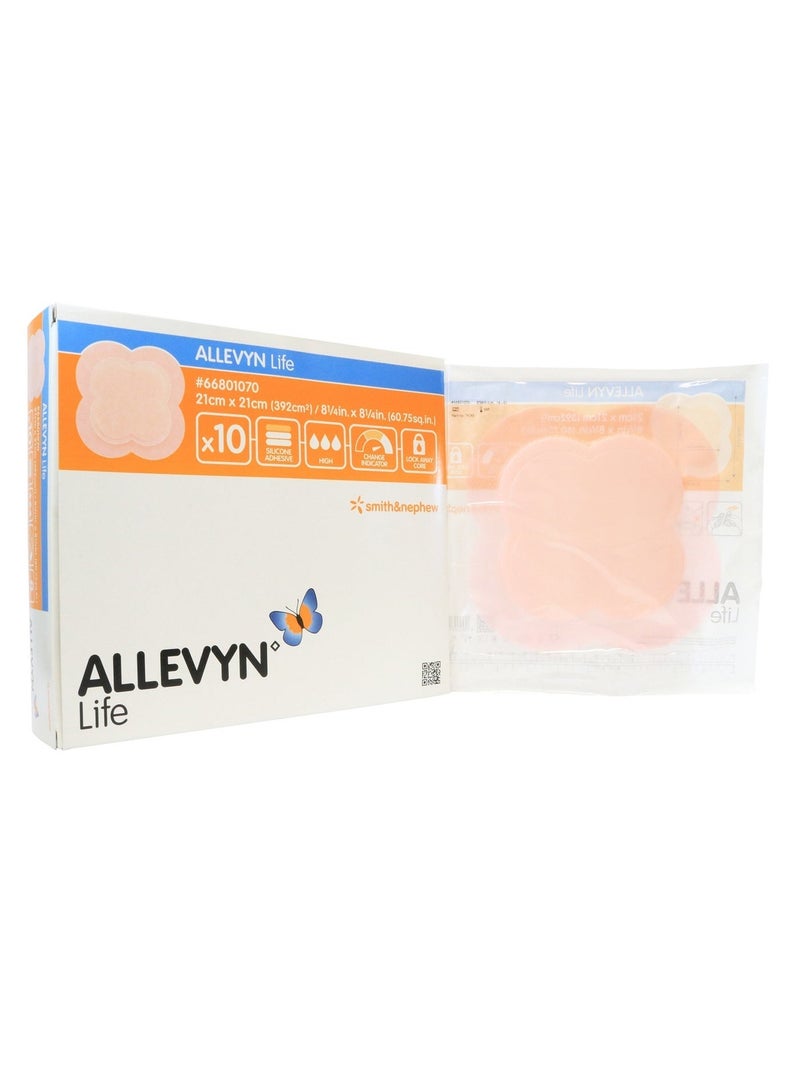 سميث اند نفيو ضماد ALLEVYN Life الطبي المتطور من Smith & Nephew كود (#66801070) بمقاس 21×21 سم، يتميز بطبقة سيليكون لاصقة ولطيفة، وتقنية قفل الإفرازات (Lock Away Core) مع مؤشر ذكي لتغيير الضماد لضمان أقصى حماية للجروح المزمنة. - Image 2