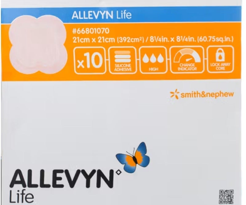 سميث اند نفيو ضماد ALLEVYN Life الطبي المتطور من Smith & Nephew كود (#66801070) بمقاس 21×21 سم، يتميز بطبقة سيليكون لاصقة ولطيفة، وتقنية قفل الإفرازات (Lock Away Core) مع مؤشر ذكي لتغيير الضماد لضمان أقصى حماية للجروح المزمنة. - Image 1