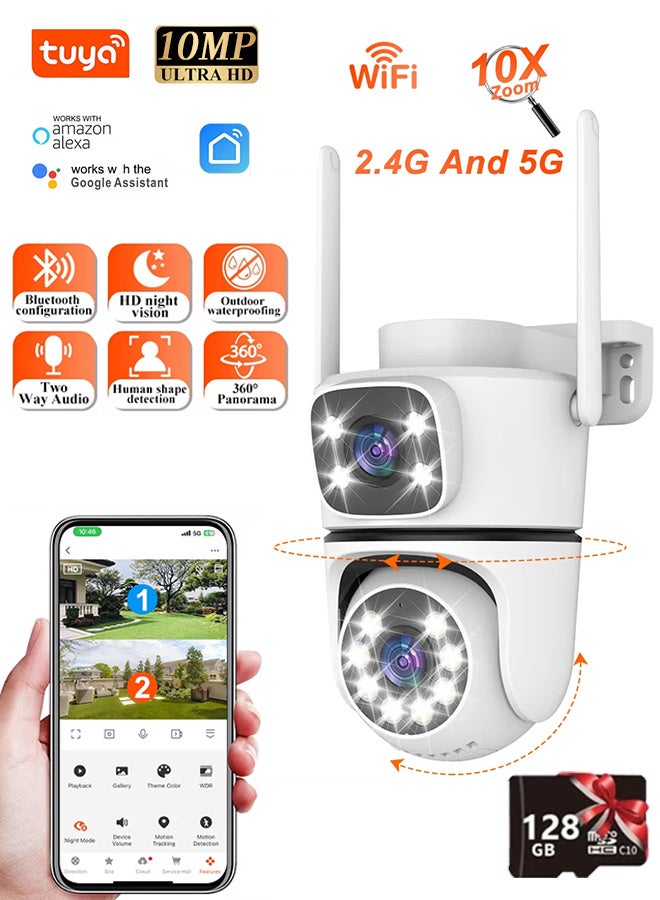 ديفانغ كاميرا Tuya 4K 10MP WIFI IP خارجية، مع بطاقة TF 128G، كاميرا PTZ مزدوجة العدسة 5G Wifi Onvif CCTV مراقبة AI تتبع Alexa/Goggle كاميرا أمان تكبير 10x - Image 1