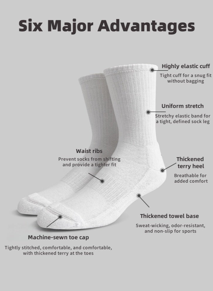 100% Thick Cotton Mid-Calf Socks 6-Pack,Breathable,Casual Comfortable Athletic,Odour Free Mens Socks For All Season（White） - Image 4