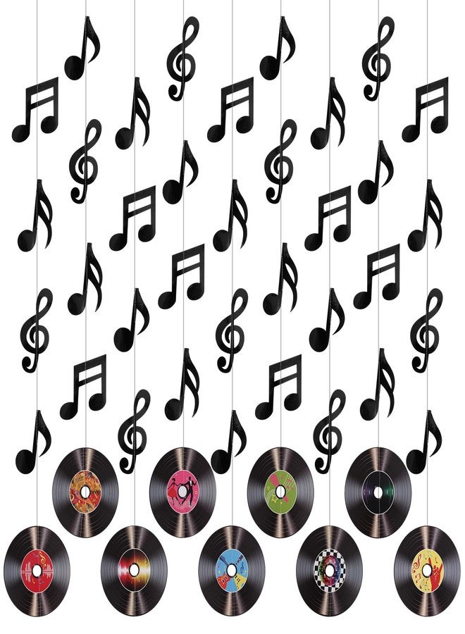 Penitue 9pcs Vinyl Record & Music Note Hanging Decorations, Pre-Strung Retro Rock and Roll Party Garland Banner for 50s 70s 90s Music Themed Birthday DJ Events Ceiling & Wall Cutout Decor - Image 1