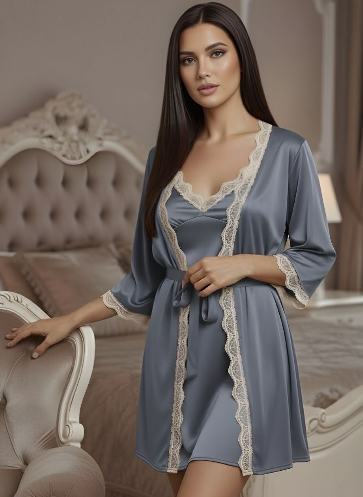 Cute Steel Blue Satin Lace Trim Nightwear Robe Set for Women – Soft Silky Short Robe with Matching Slip, Elegant Sleepwear for Bridal, Honeymoon & Evening Comfort - Image 1