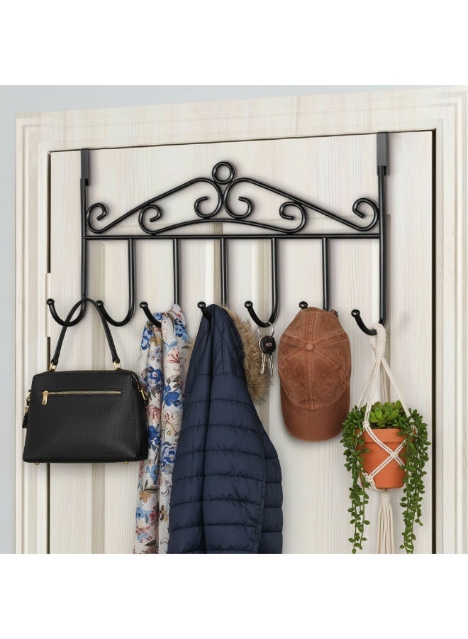 Dunekart Over The Door Hooks 7-Hook Rack, Heavy Duty Stainless Steel Hanger Organizer for Coats Towels Robes Bags Clothes, No Drill Metal Door Storage - Black - Image 1