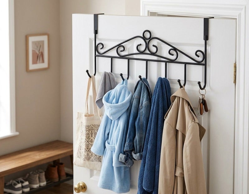 Dunekart Over The Door Hooks 7-Hook Rack, Heavy Duty Stainless Steel Hanger Organizer for Coats Towels Robes Bags Clothes, No Drill Metal Door Storage - Black - Image 3
