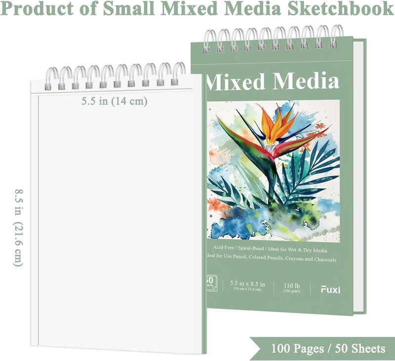 Fuxi Small Mixed Media Sketchbook, 2-Pack - 5.5" x 8.5" | 110lb/180gsm Mixed Media Paper for Watercolor, Acrylic, Ink, Pencil, 50 Sheets Per Pad. - Image 2