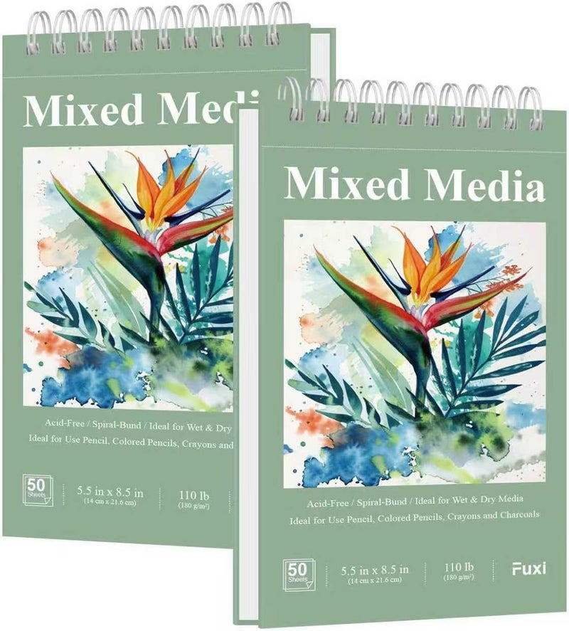 Fuxi Small Mixed Media Sketchbook, 2-Pack - 5.5" x 8.5" | 110lb/180gsm Mixed Media Paper for Watercolor, Acrylic, Ink, Pencil, 50 Sheets Per Pad. - Image 1