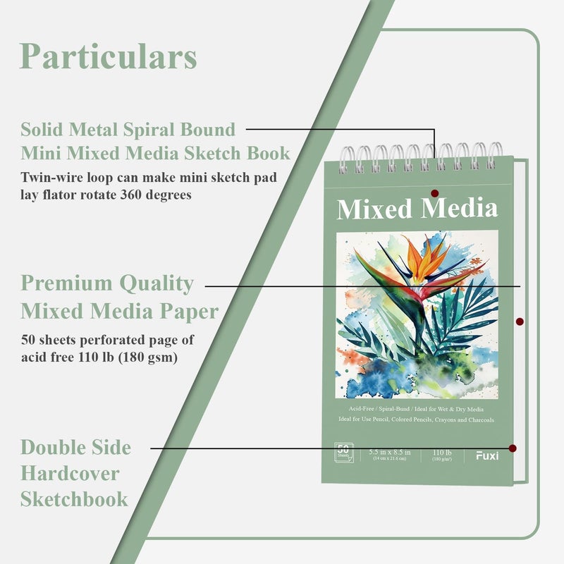 Fuxi Small Mixed Media Sketchbook, 2-Pack - 5.5" x 8.5" | 110lb/180gsm Mixed Media Paper for Watercolor, Acrylic, Ink, Pencil, 50 Sheets Per Pad. - Image 3