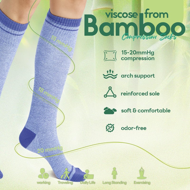 Iambamboo Mens Compression Socks for Men Women (3 Pairs) 15-20 mmHg Bamboo Viscose Knee High Sock for Travel S/M (Purple&Lavender&Turquoise) - Image 5