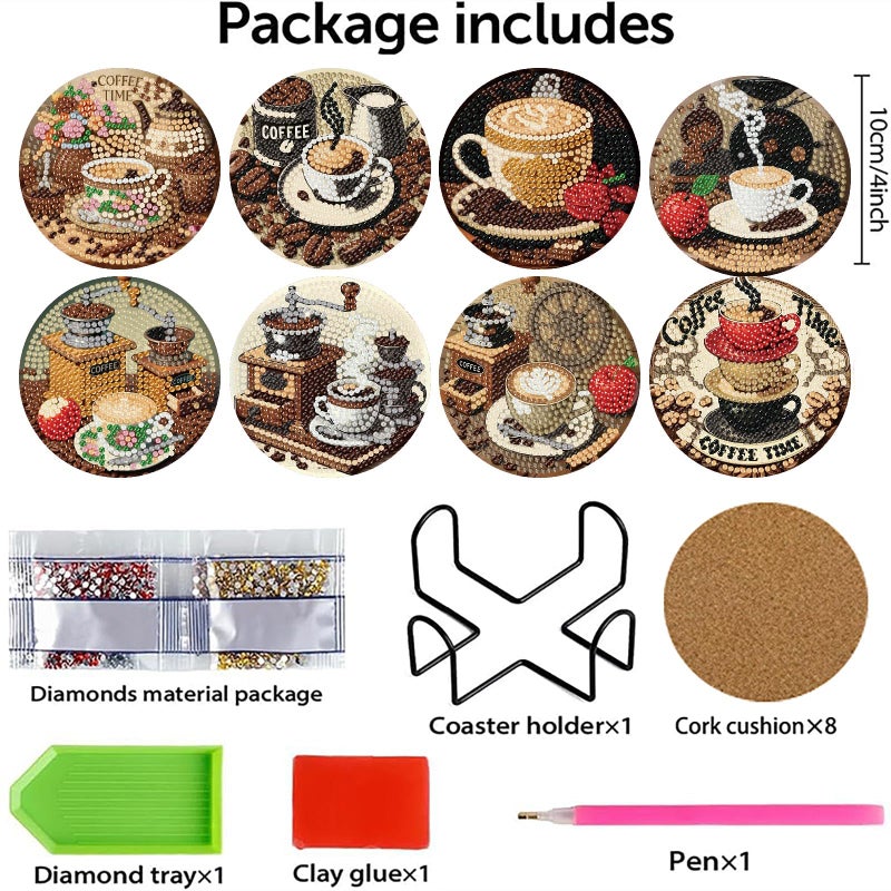 MBNTJHT 8 Pcs Coffee Diamond Art Coasters Kits with Cork Base,Diamond Painting Coasters with Holder for Adult Beginners,DIY Drink Coaster Art Craft Supplies for Home Decor 4x4 Inch. - Image 2