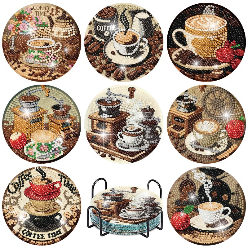 MBNTJHT 8 Pcs Coffee Diamond Art Coasters Kits with Cork Base,Diamond Painting Coasters with Holder for Adult Beginners,DIY Drink Coaster Art Craft Supplies for Home Decor 4x4 Inch. - Image 1
