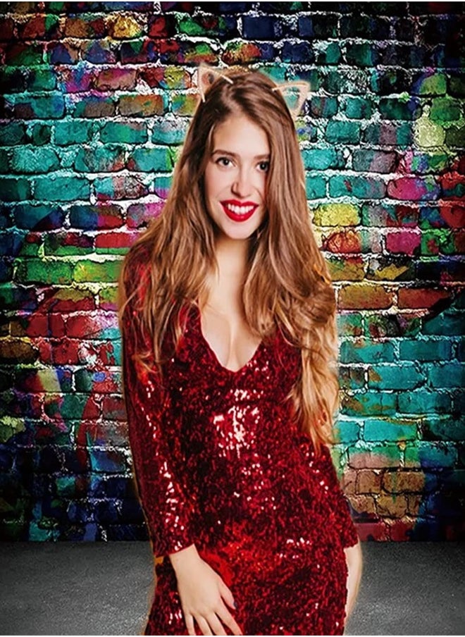 Dudaacvt Graffiti Photography Backdrop, 5x7 ft Colorful Brick Wall Vintage Cement Floor Backdrop for Studio Props Photo Background  - Image 5