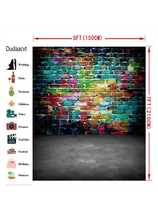 Dudaacvt Graffiti Photography Backdrop, 5x7 ft Colorful Brick Wall Vintage Cement Floor Backdrop for Studio Props Photo Background  - Image 2