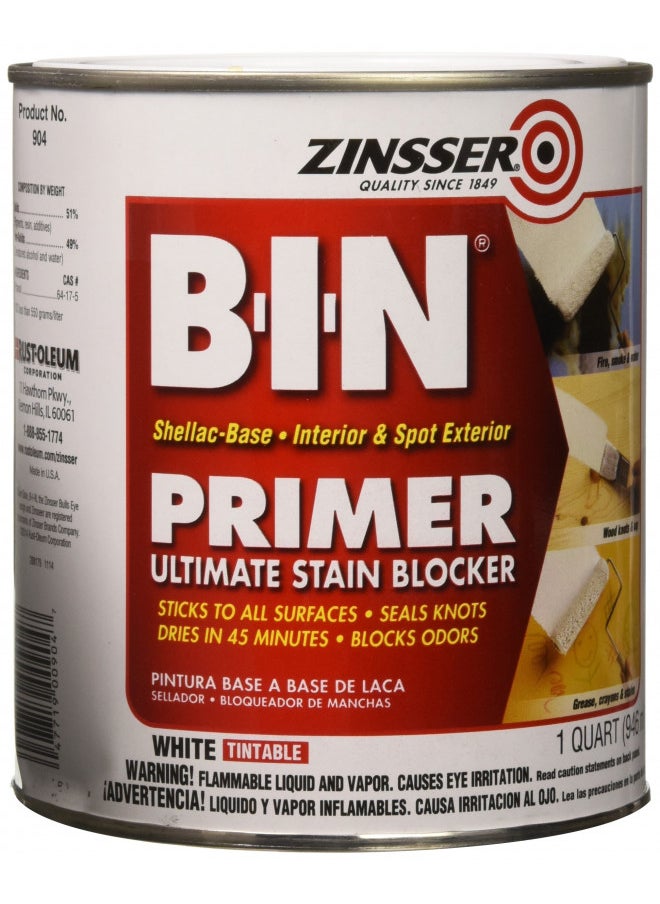 RUST-OLEUM Zinsser 00904 B-I-N Pigmented Shellac Oil Primer-Sealer & Stain Killer, White, 1 Quart 