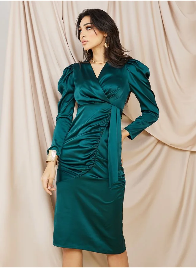 Styli Satin Wrap Front Midi Dress with Pleat Detail