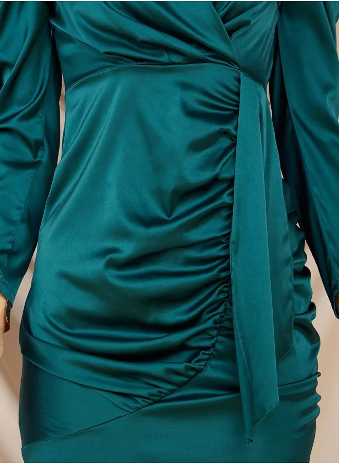Styli Satin Wrap Front Midi Dress with Pleat Detail