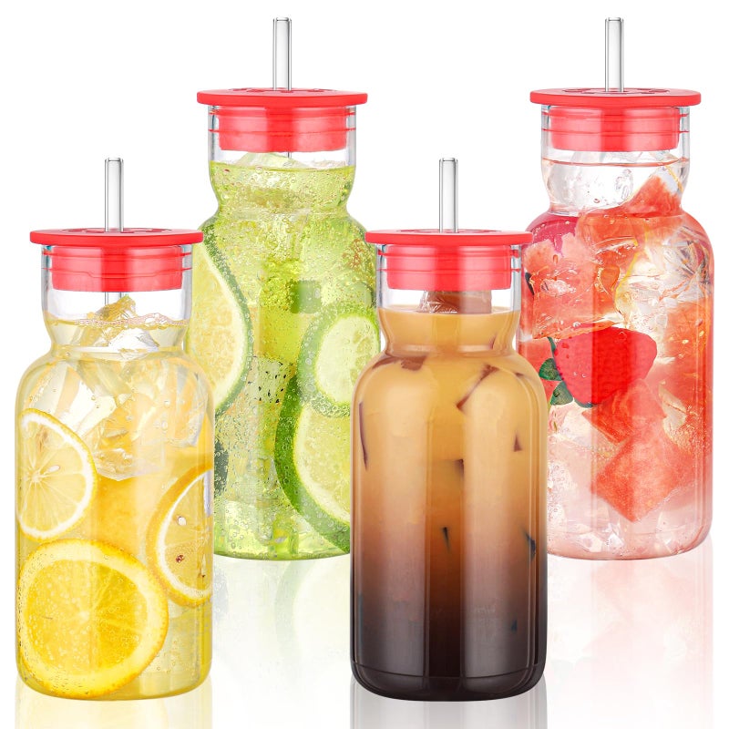 CWHHRN 17 oz Glass Cups with Lid and Straw, Glass Tumbler with Straw and Lid, Vintage Glassware for Whiskey Cocktail Beer Juice, Iced Coffee Cups with Lid (4 PACK) - Image 1