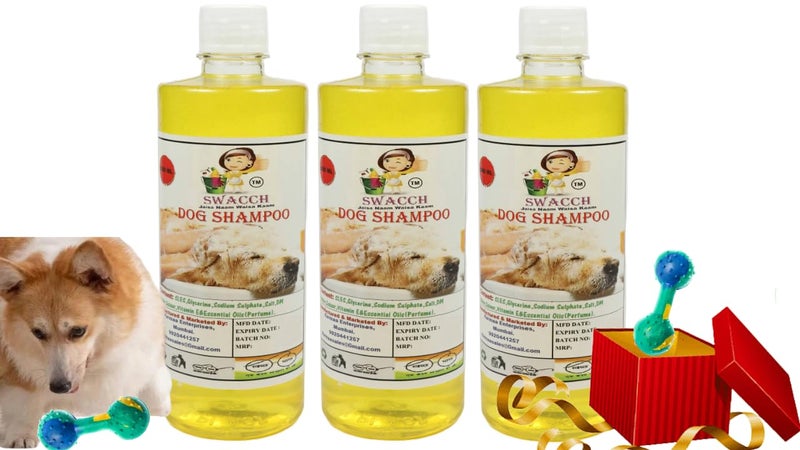 swacch Dog Shampoo + Dumbbell Toy I Durable Rubber Dog Toy for Chewing I Playing,Teeth Cleaning & Training Toy I Combo Pack I 500ml Pack of 3 Lemon - Image 1