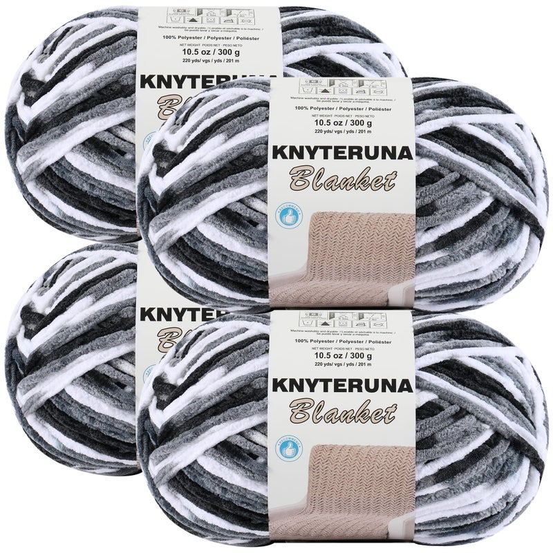 Knyteruna #6 Super Bulky Blanket Yarn for Crocheting - 4 Skeins(Each 10.5oz/300g, 220yds/201m), Chunky Chenille Thick Plush Big Soft Yarn for Crocheting Knitting Blankets, Black & Grey & White - Image 1