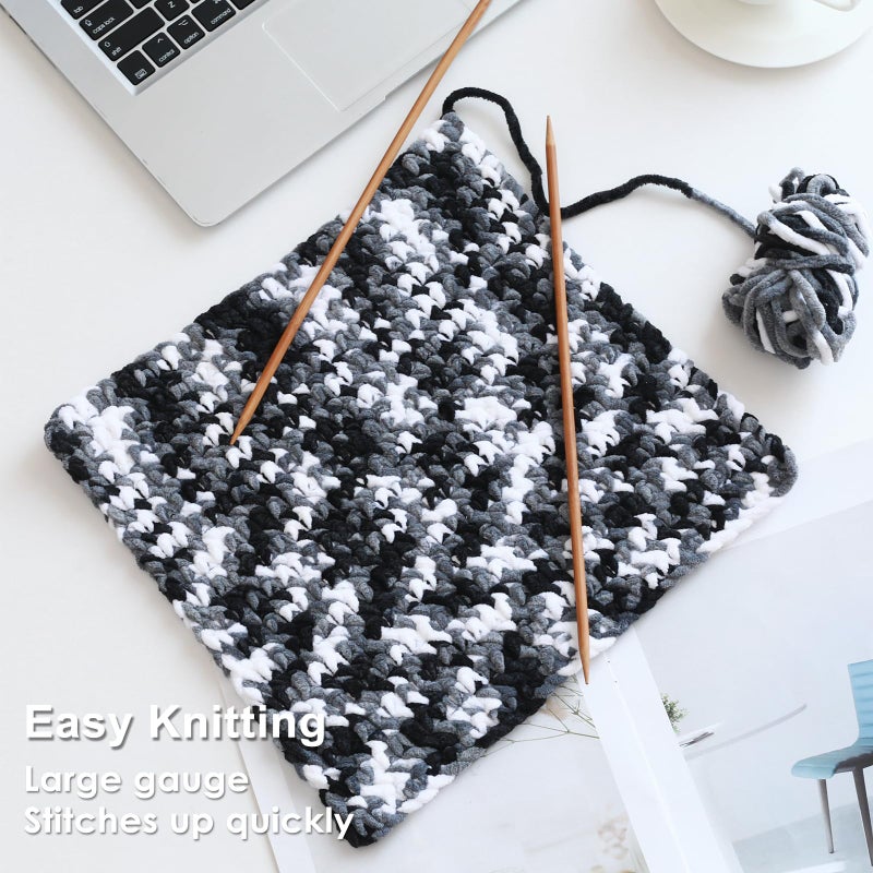 Knyteruna #6 Super Bulky Blanket Yarn for Crocheting - 4 Skeins(Each 10.5oz/300g, 220yds/201m), Chunky Chenille Thick Plush Big Soft Yarn for Crocheting Knitting Blankets, Black & Grey & White - Image 5