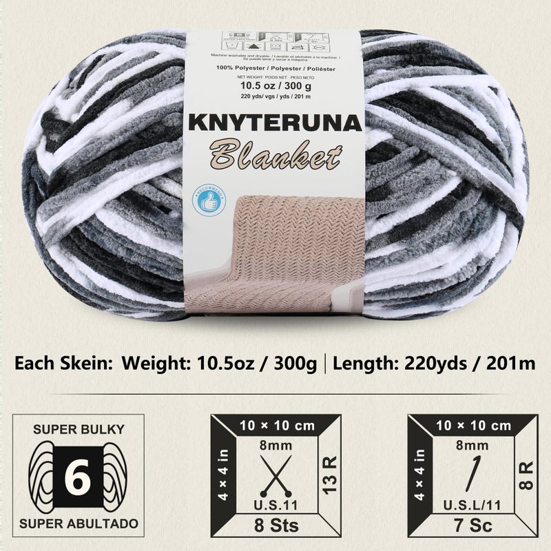 Knyteruna #6 Super Bulky Blanket Yarn for Crocheting - 4 Skeins(Each 10.5oz/300g, 220yds/201m), Chunky Chenille Thick Plush Big Soft Yarn for Crocheting Knitting Blankets, Black & Grey & White - Image 2