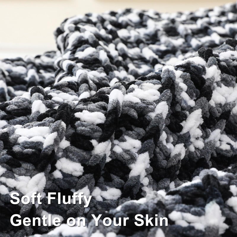 Knyteruna #6 Super Bulky Blanket Yarn for Crocheting - 4 Skeins(Each 10.5oz/300g, 220yds/201m), Chunky Chenille Thick Plush Big Soft Yarn for Crocheting Knitting Blankets, Black & Grey & White - Image 4