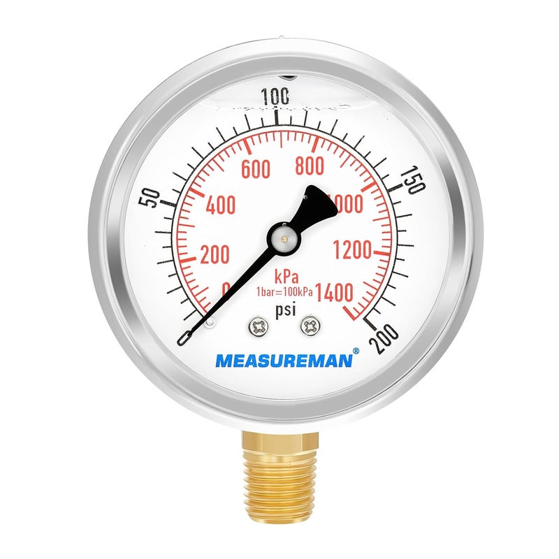 MEASUREMAN مقياس ضغط مملوء بالسائل من ميزورمان، حجم القرص 2-1/2 بوصة، نطاق 0-200 رطل لكل بوصة مربعة/كيلو باسكال، غلاف من الفولاذ المقاوم للصدأ 304، تركيب سفلي 1/4 إنش إن بي تي - Image 1