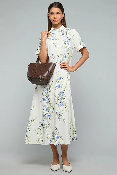 أر أند بي Printed Shirt Dress with Short Sleeves