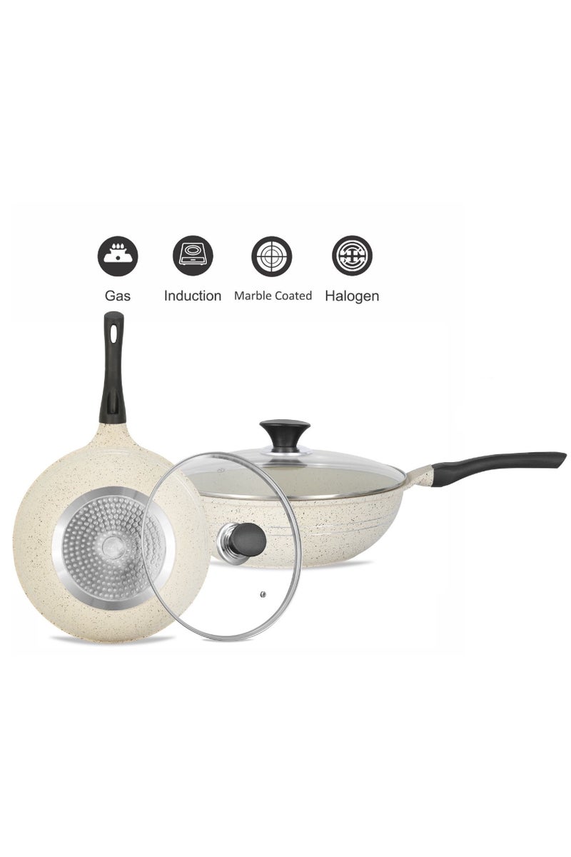 Sonex Eden 30cm Die-Cast Wok Pan with Marble Coating & Glass Lid-White - Image 2