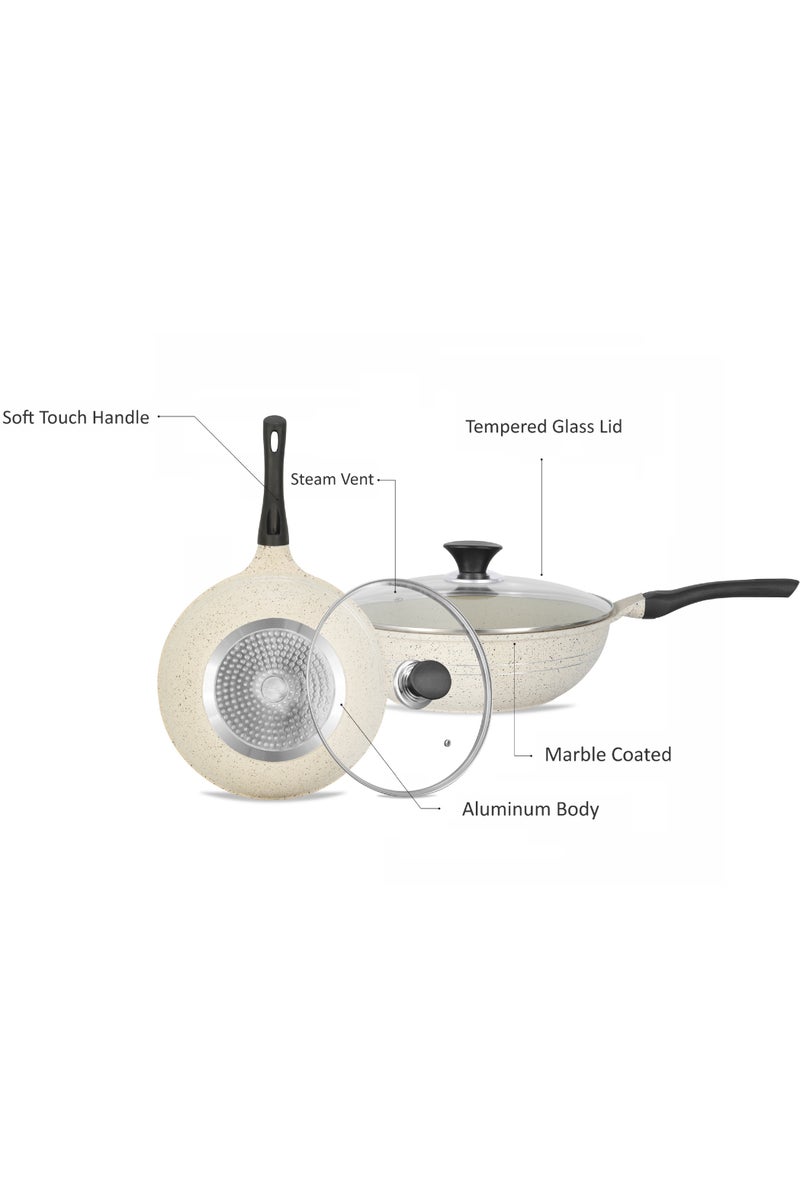Sonex Eden 30cm Die-Cast Wok Pan with Marble Coating & Glass Lid-White - Image 4