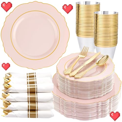 Liacere 350PCS Pink Plates DisposablePinK Plates 50guest Baroque Plastic Dinnerware include 100Plates 50Pack Pre Rolled Napkins with Silverware 50Cups Perfect for Valentines DayGalentines Day - Image 2