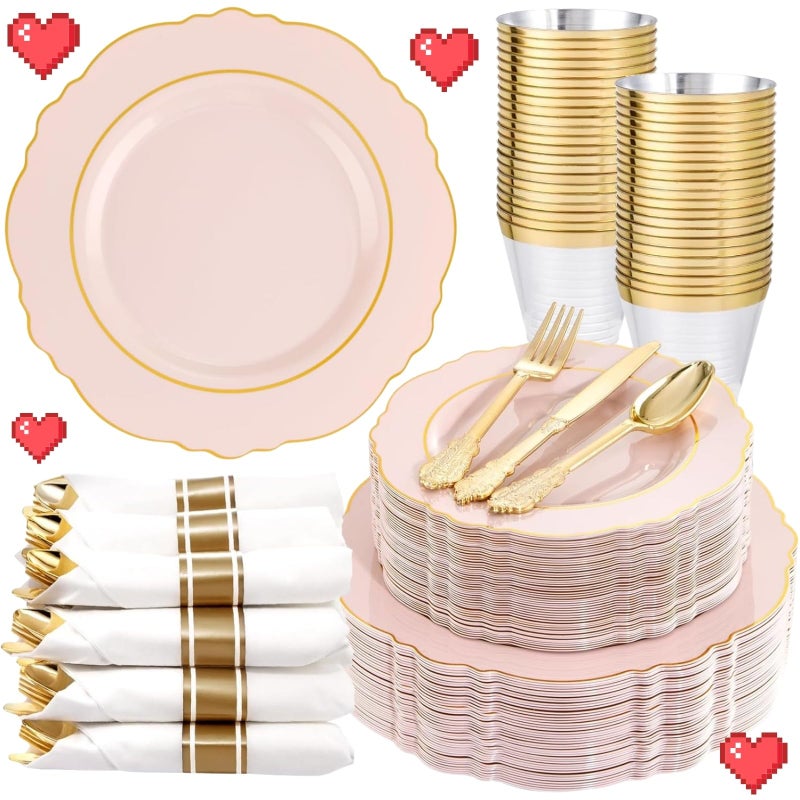 Liacere 350PCS Pink Plates DisposablePinK Plates 50guest Baroque Plastic Dinnerware include 100Plates 50Pack Pre Rolled Napkins with Silverware 50Cups Perfect for Valentines DayGalentines Day - Image 3