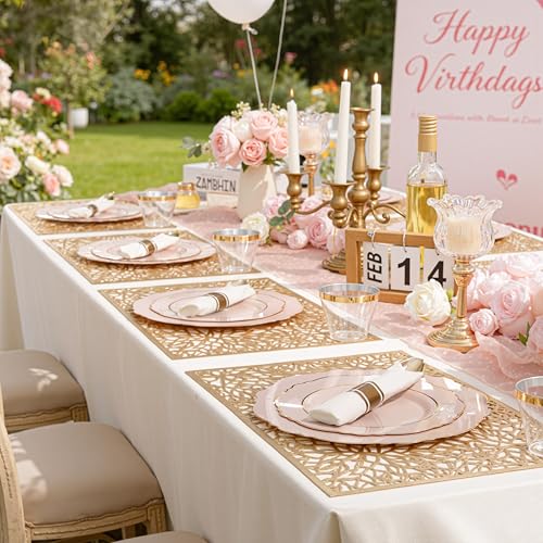 Liacere 350PCS Pink Plates DisposablePinK Plates 50guest Baroque Plastic Dinnerware include 100Plates 50Pack Pre Rolled Napkins with Silverware 50Cups Perfect for Valentines DayGalentines Day - Image 5