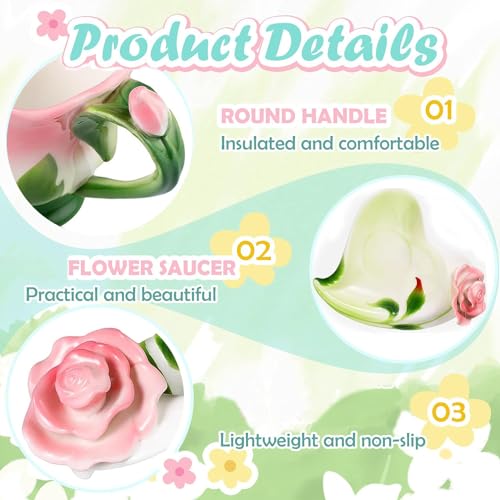 ONEUSTAR Pink Tea Cup and Saucer Set for 1 Ceramic Hand Crafted Rose Flower Coffee Cup for Mother's Day Thanksgiving Wedding Birthday Gift for Women, 6 Oz - Image 4