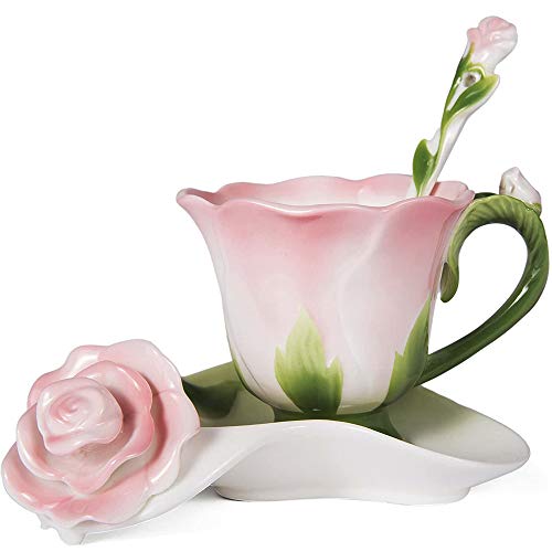 ONEUSTAR Pink Tea Cup and Saucer Set for 1 Ceramic Hand Crafted Rose Flower Coffee Cup for Mother's Day Thanksgiving Wedding Birthday Gift for Women, 6 Oz - Image 1
