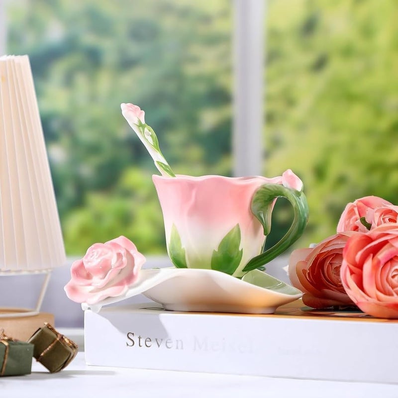 ONEUSTAR Pink Tea Cup and Saucer Set for 1 Ceramic Hand Crafted Rose Flower Coffee Cup for Mother's Day Thanksgiving Wedding Birthday Gift for Women, 6 Oz - Image 2