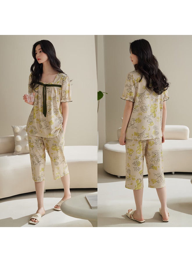 Xulen Women's Summer Pajamas Set, Pure Cotton Short-sleeve Top With Cropped Pants, Elegant Style For Middle-aged Mothers, Home Loungewear Set