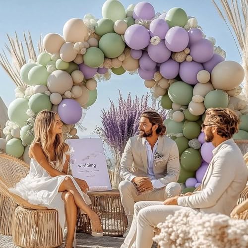 Partycus Dusty Green Purple Balloon Arch Kit Double Stuffed Pastel Light Lavender Olive White Sand Balloon Garland for Neutral Baby Shower Birthday Bridal Wedding Easter Party Decoration - Image 5