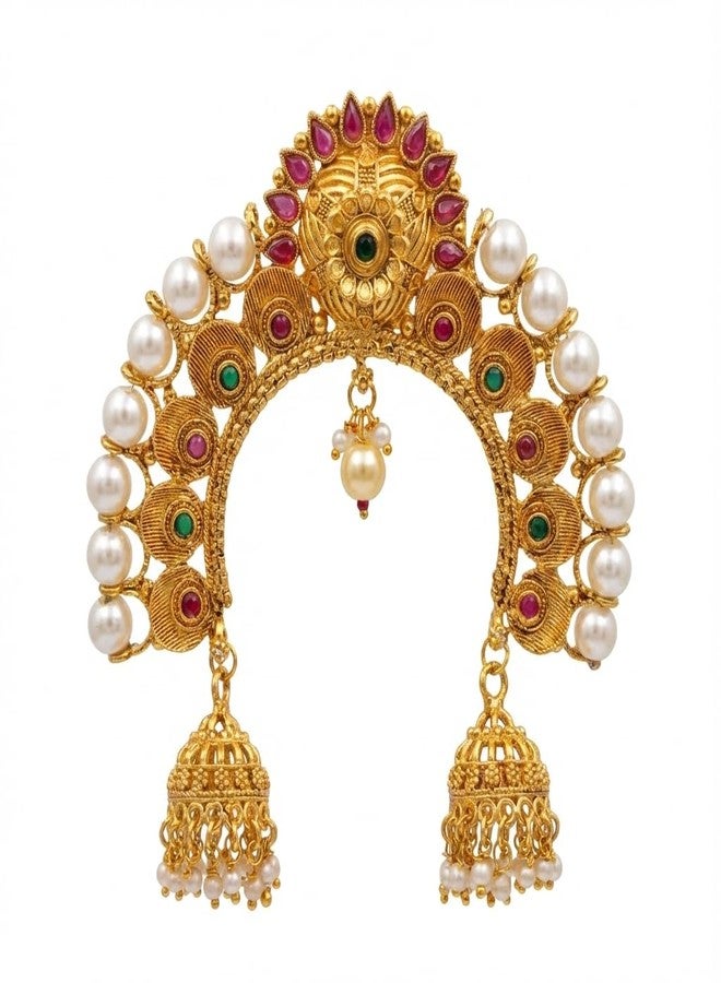 AAIKU Traditional Gold-Plated Bridal Juda Khopa Pin with Ruby & Green Stones, Premium Pearls & Jhumka Danglers | Temple-Style Maharashtrian Hair Accessory with Multicolor Stone Studs | Hair Brooch for Women Traditional Wedding - Image 1