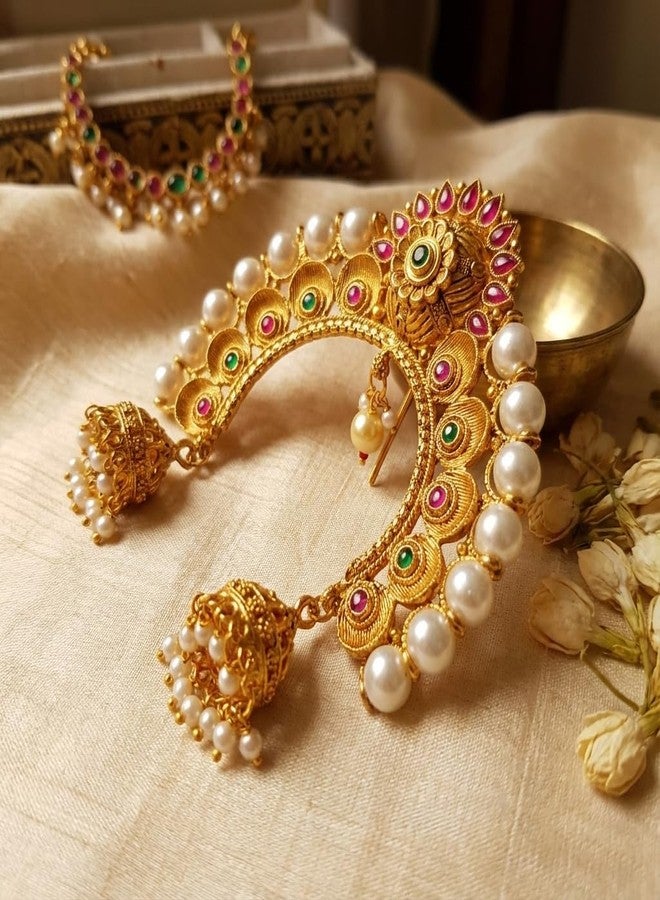 AAIKU Traditional Gold-Plated Bridal Juda Khopa Pin with Ruby & Green Stones, Premium Pearls & Jhumka Danglers | Temple-Style Maharashtrian Hair Accessory with Multicolor Stone Studs | Hair Brooch for Women Traditional Wedding - Image 4