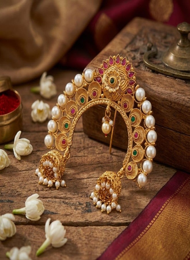 AAIKU Traditional Gold-Plated Bridal Juda Khopa Pin with Ruby & Green Stones, Premium Pearls & Jhumka Danglers | Temple-Style Maharashtrian Hair Accessory with Multicolor Stone Studs | Hair Brooch for Women Traditional Wedding - Image 5
