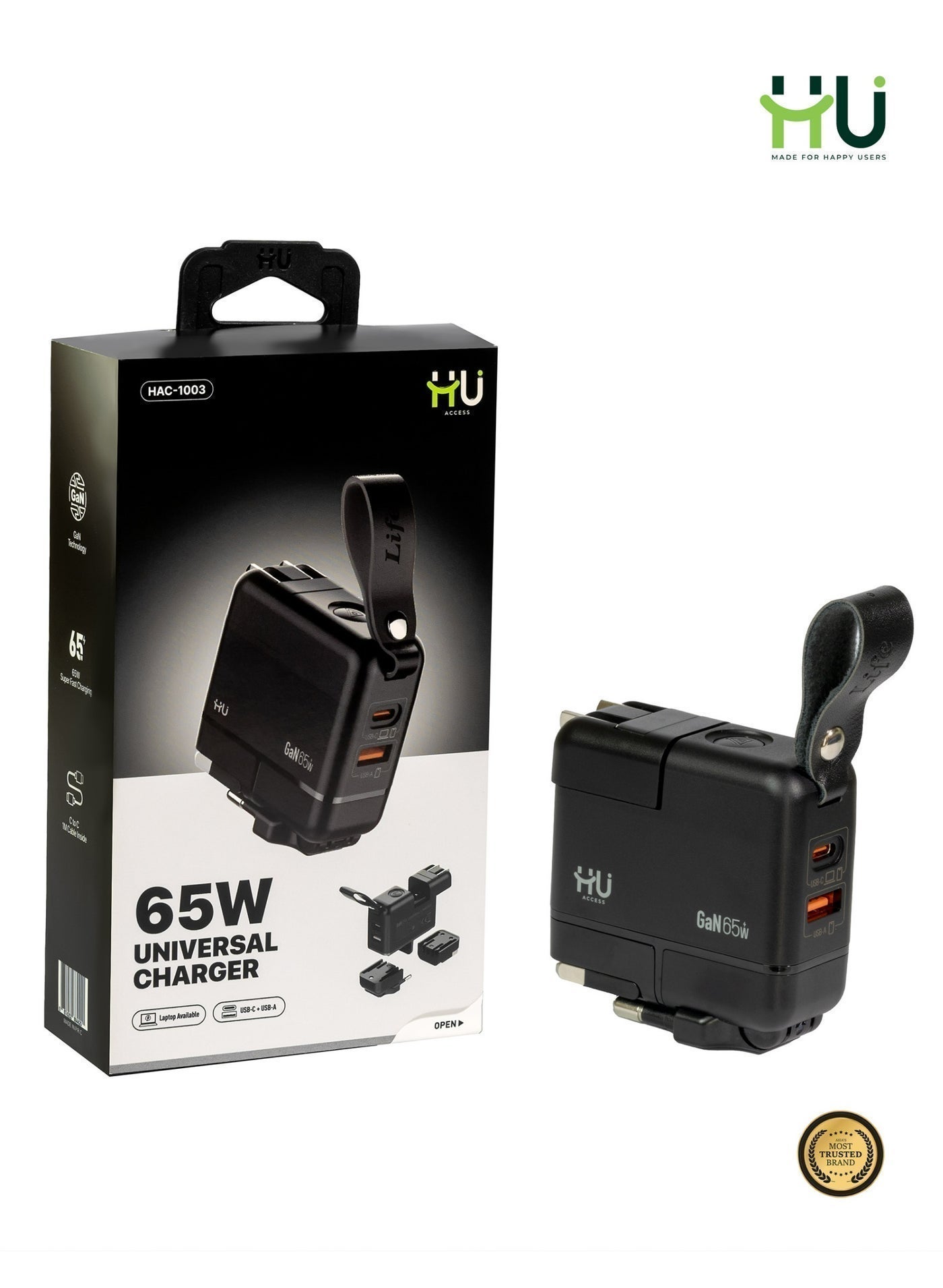 H U 65W Universal Fast Charger GaN – USB-C & USB-A Wall Charger with PD, QC 4+/3.0, PPS, AFC, FCP Support – Compact Multi-Port Charger for Laptop, Mobile & Travel