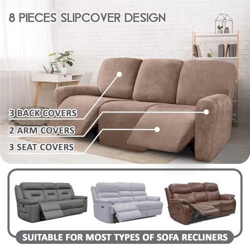 ULTICOR Velvet 8-Pieces Recliner Sofa Covers Stretch Reclining Couch Covers for 3 Cushion Reclining Sofa Slipcovers Furniture Covers Thick Soft Washable (3 Seater Recliner Cover, Sand) - Image 2