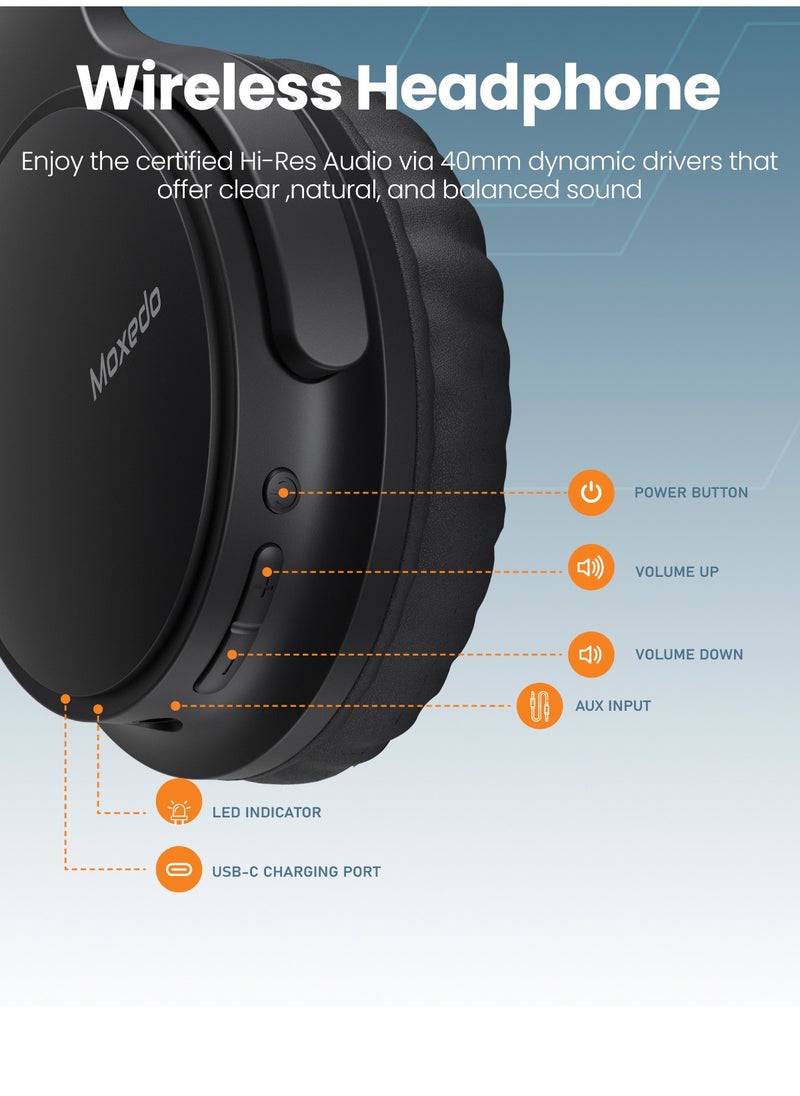 Moxedo - Moxedo Harmoniq Wireless Headphone Dual Powered Bluetooth Version 5.3 Foldable Fast Charging HiFi Stereo Sound, Noise Reduction Microphone, 40 Hours Long Playtime with AI Touch Control (Black) - Image 1