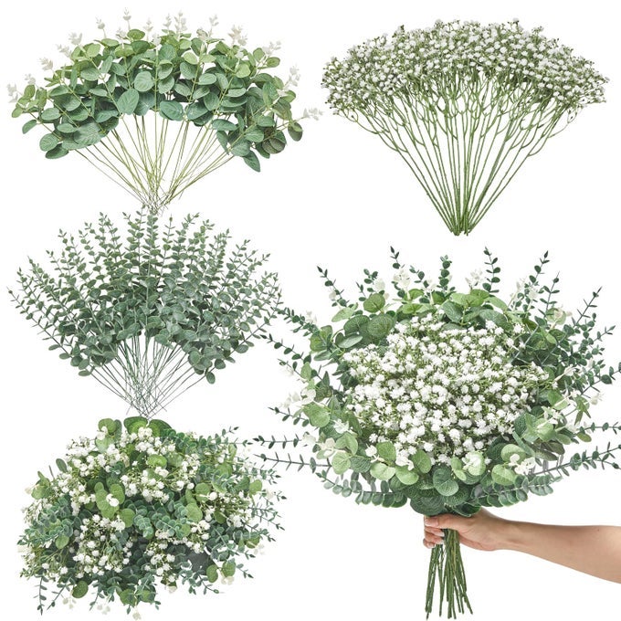 100 Pcs Mixed Artificial Eucalyptus StemsBabys Breath Artificial Flowers Bulk with Faux Eucalyptus Leaves Greenery Stems for Wedding DIY Bouquets Floral Arrangement Home Decor